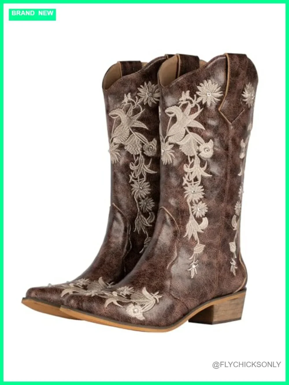 Faux Leather Floral Embroidered Western Cowboy Boots Mid Calf Snip Toe Pull-On
